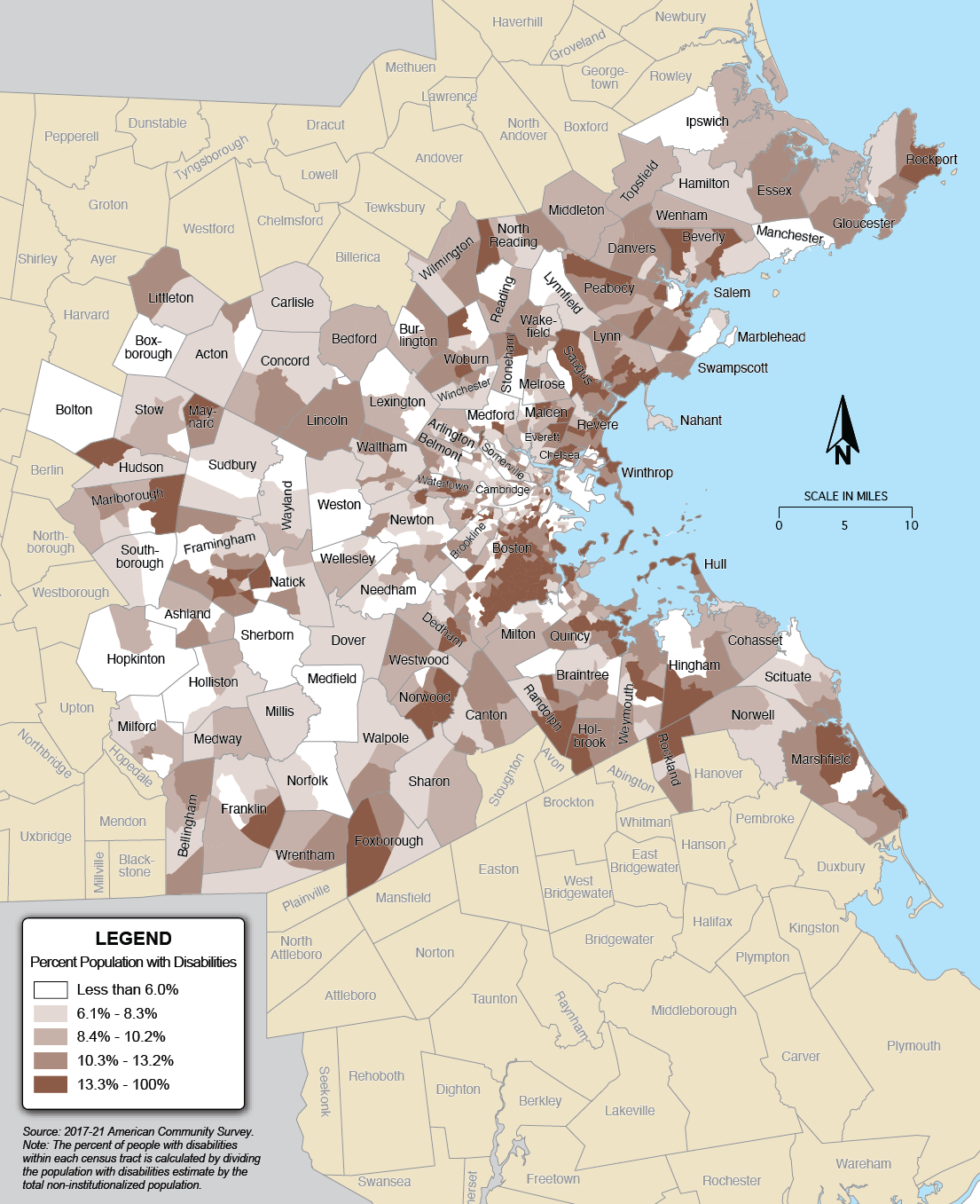 A map showing the percentage of people with disabilities in the Boston Region. A map showing the percentage of people with disabilities in the Boston Region.